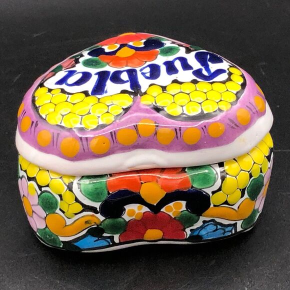 Puebla Mexico Signed Pottery Lidded Dish Handmade Trinket Jewelry Heart Flowers - Picture 3 of 10